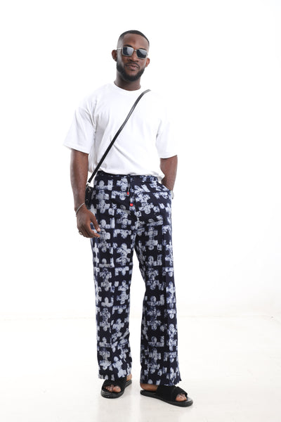 King Kaftan Mosaic Batik Cotton Navy & White Adire Wide-Leg Pants – Detail View – African men's fashion Nigeria