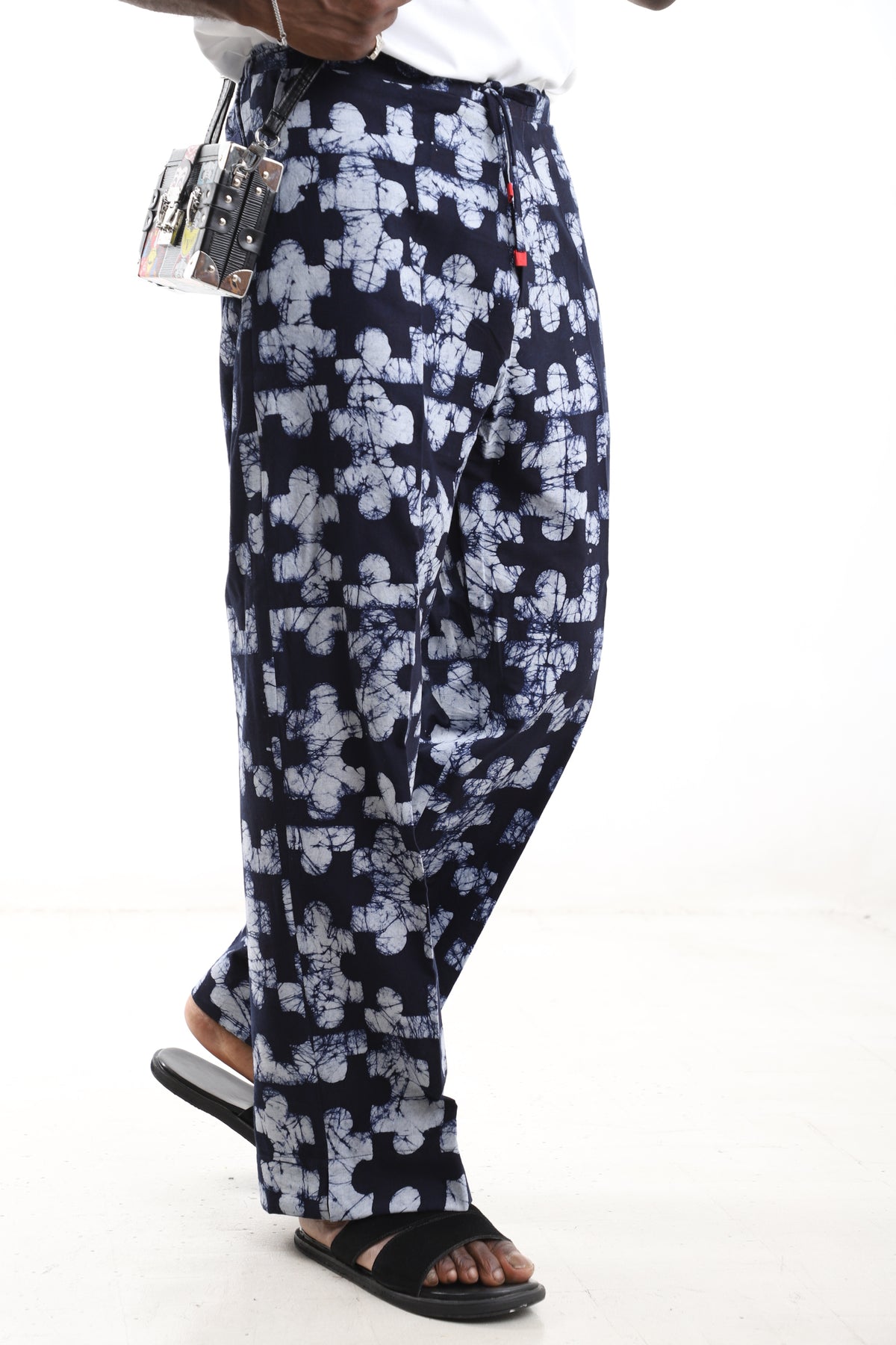 King Kaftan Mosaic Batik Cotton Navy & White Adire Wide-Leg Pants – Detail View – African men's fashion Nigeria