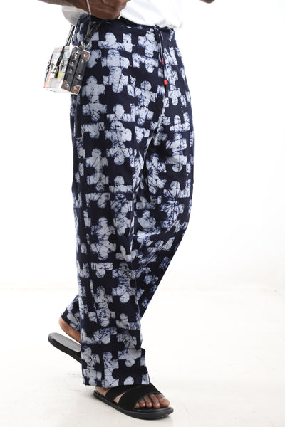 King Kaftan Mosaic Batik Cotton Navy & White Adire Wide-Leg Pants – Detail View – African men's fashion Nigeria
