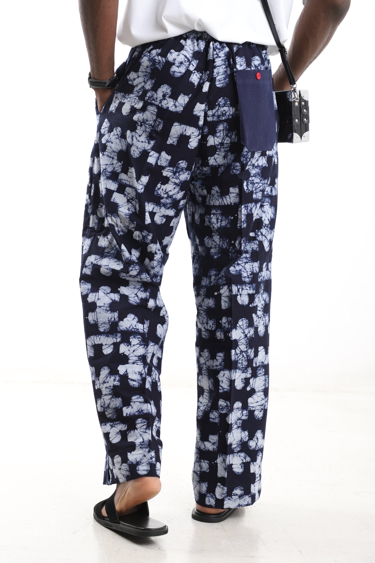 King Kaftan Mosaic Batik Cotton Navy & White Adire Wide-Leg Pants – Back View – African men's fashion Nigeria