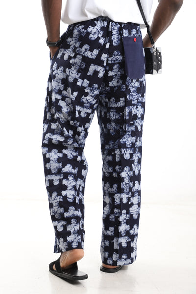 King Kaftan Mosaic Batik Cotton Navy & White Adire Wide-Leg Pants – Back View – African men's fashion Nigeria