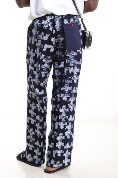 King Kaftan Mosaic Batik Cotton Navy & White Adire Wide-Leg Pants – Back View – African men's fashion Nigeria