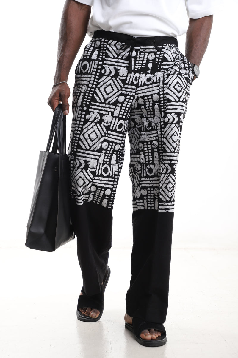 Tribal Motif Two-Tone Batik Cotton Black & White Adire Pants