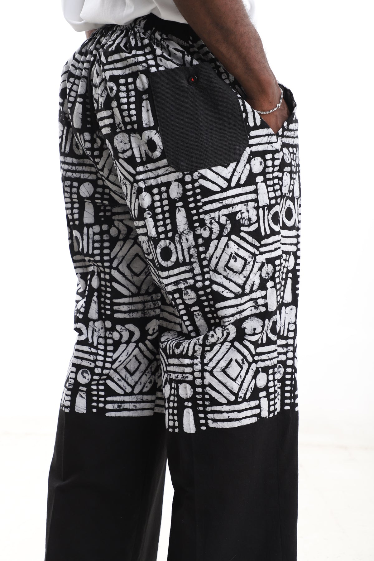 King Kaftan Tribal Motif Two-Tone Batik Cotton Black & White Adire Pants – Detail View – African men's fashion Nigeria
