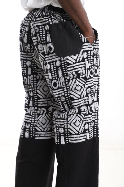 King Kaftan Tribal Motif Two-Tone Batik Cotton Black & White Adire Pants – Detail View – African men's fashion Nigeria