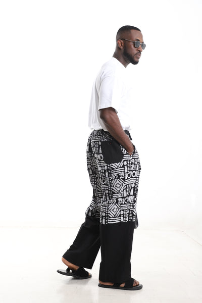 King Kaftan Tribal Motif Two-Tone Batik Cotton Black & White Adire Pants – Detail View – African men's fashion Nigeria
