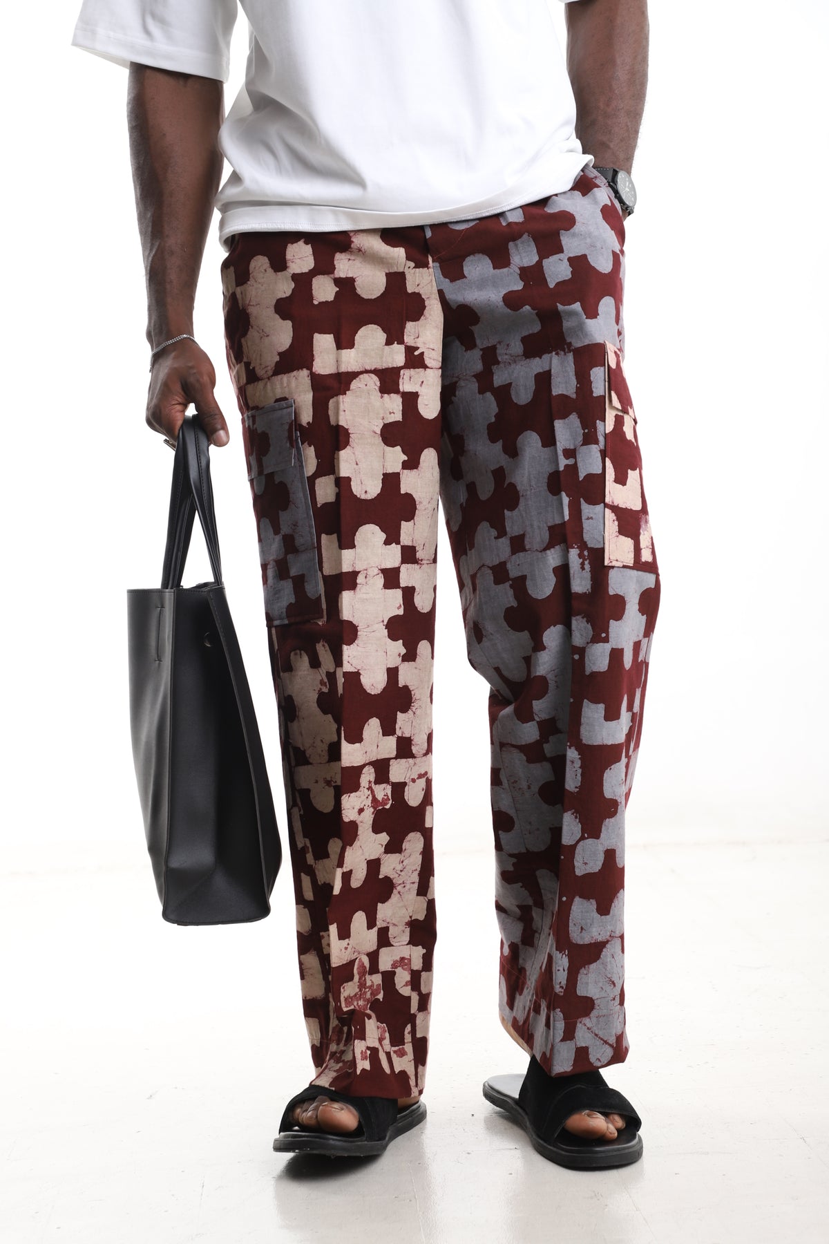 King Kaftan Patchwork Mosaic Batik Cotton Maroon & Slate Adire Cargo Pants – Front View – African men's fashion Nigeria