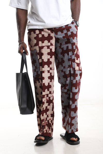 King Kaftan Patchwork Mosaic Batik Cotton Maroon & Slate Adire Cargo Pants – Front View – African men's fashion Nigeria