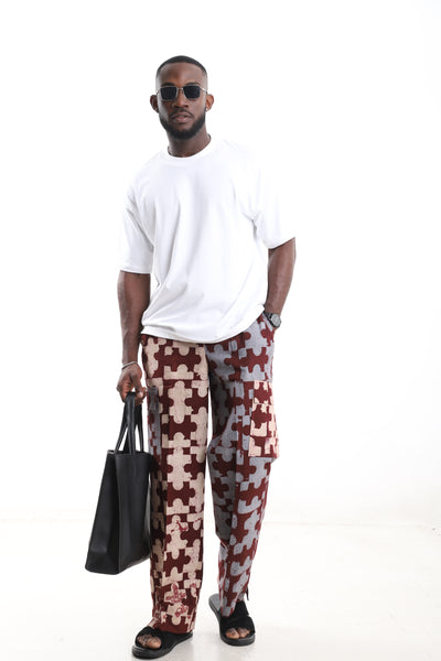King Kaftan Patchwork Mosaic Batik Cotton Maroon & Slate Adire Cargo Pants – Detail View – African men's fashion Nigeria