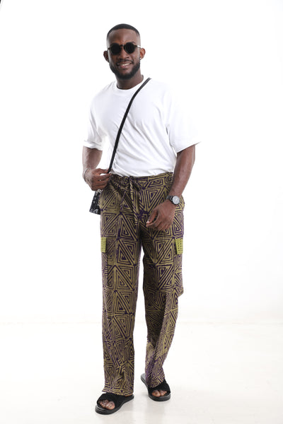 King Kaftan Geometric Triangle Batik Cotton Olive & Purple Adire Cargo Pants – Detail View – African men's fashion Nigeria