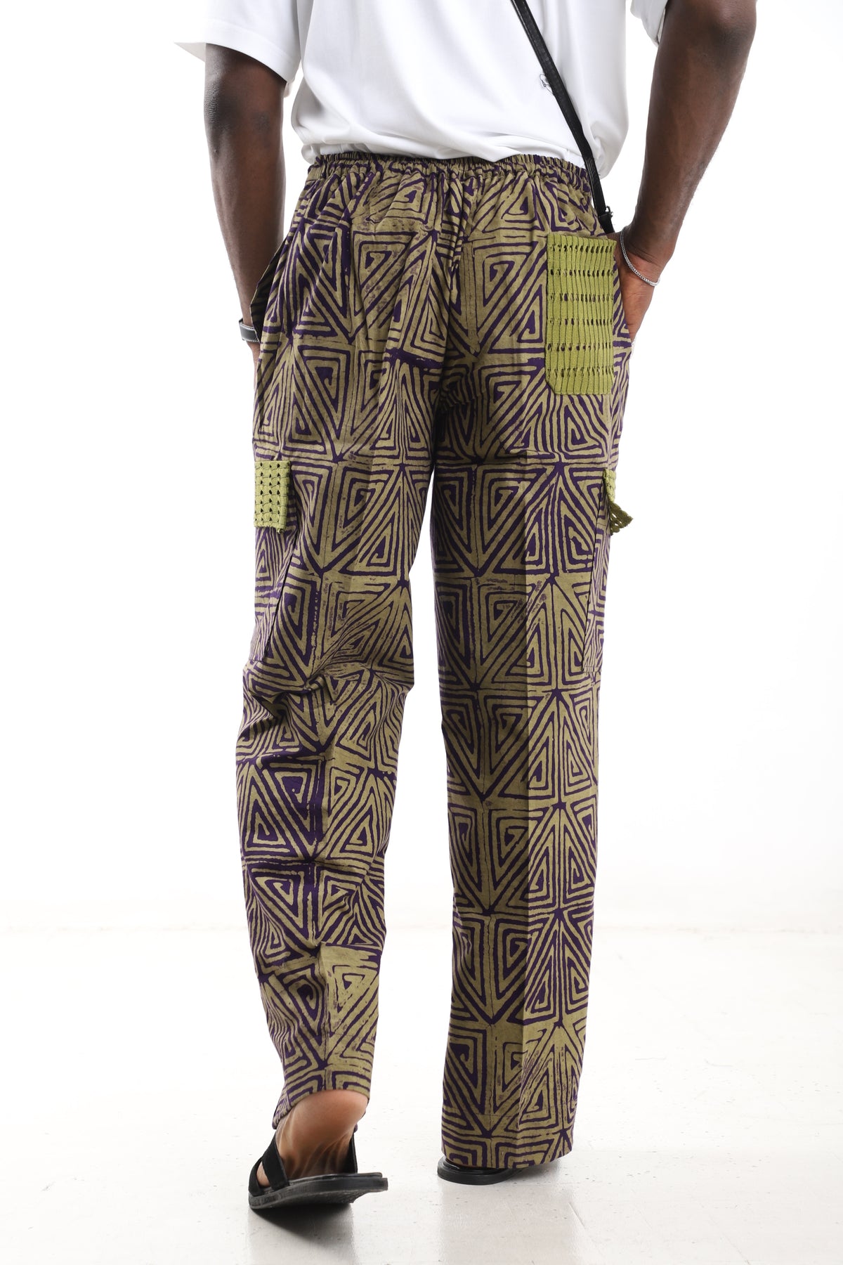 King Kaftan Geometric Triangle Batik Cotton Olive & Purple Adire Cargo Pants – Back View – African men's fashion Nigeria   
