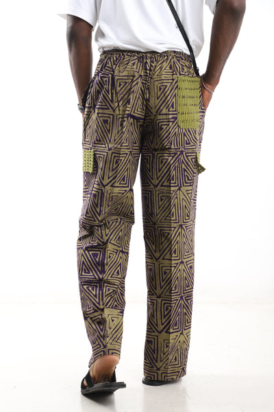 King Kaftan Geometric Triangle Batik Cotton Olive & Purple Adire Cargo Pants – Back View – African men's fashion Nigeria   