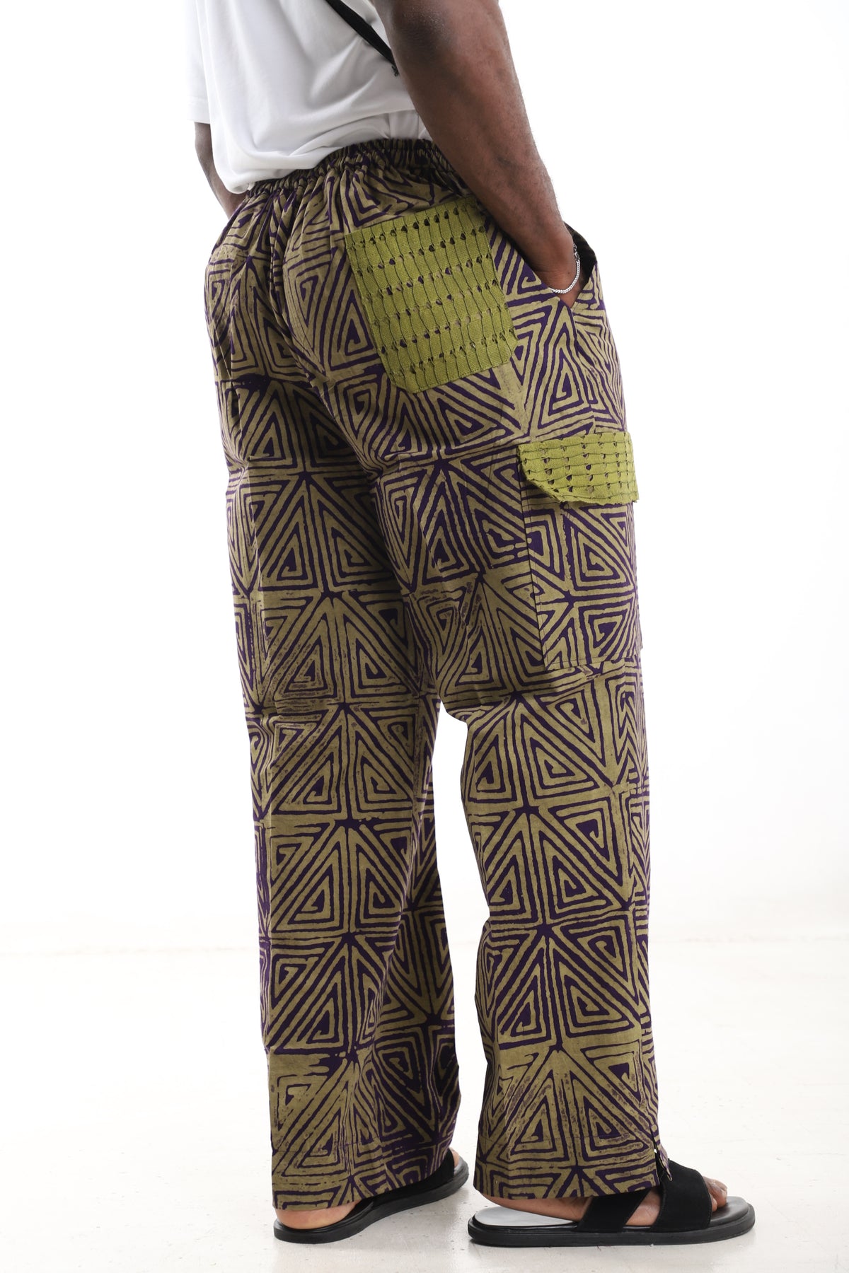 King Kaftan Geometric Triangle Batik Cotton Olive & Purple Adire Cargo Pants – Detail View – African men's fashion Nigeria