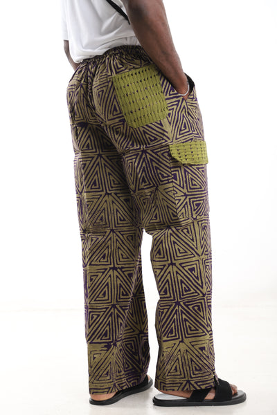King Kaftan Geometric Triangle Batik Cotton Olive & Purple Adire Cargo Pants – Detail View – African men's fashion Nigeria