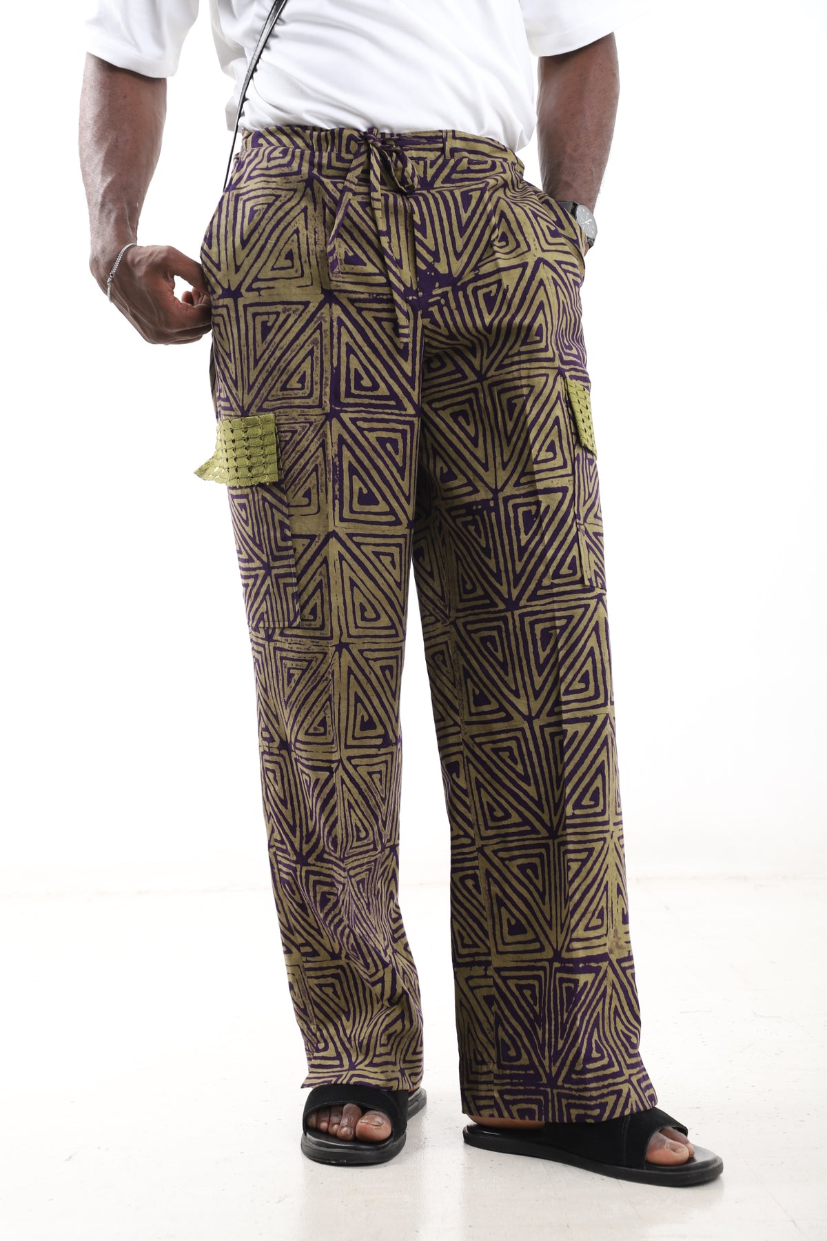 King Kaftan Geometric Triangle Batik Cotton Olive & Purple Adire Cargo Pants – Front View – African men's fashion Nigeria