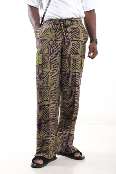 King Kaftan Geometric Triangle Batik Cotton Olive & Purple Adire Cargo Pants – Front View – African men's fashion Nigeria