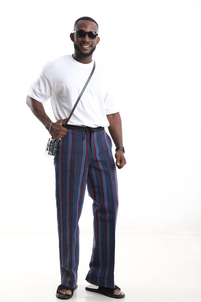 King Kaftan Striped Hand-Woven Cotton Aso-Oke Wide-Leg Pants – Front View – African men's fashion Nigeria
