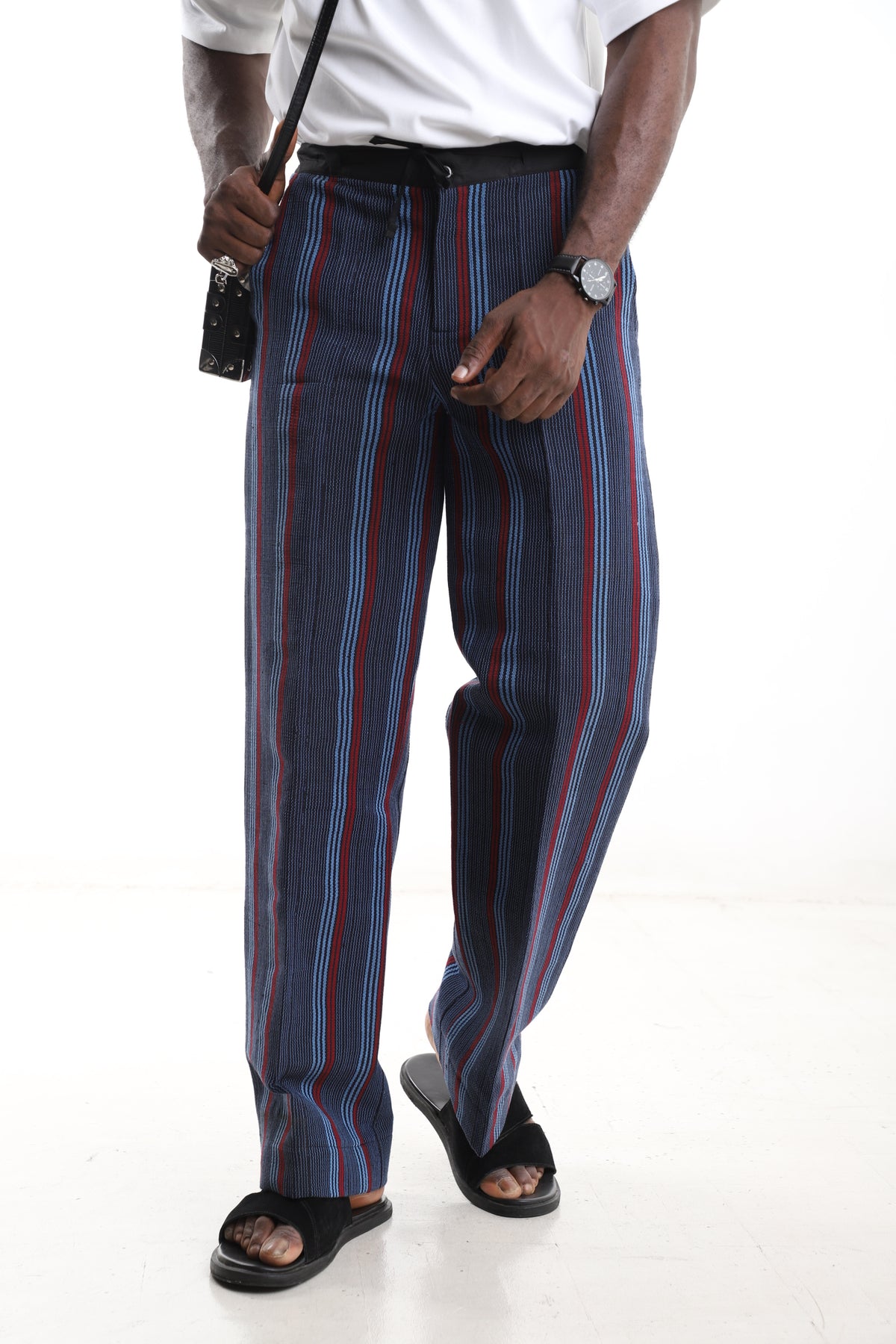 King Kaftan Striped Hand-Woven Cotton Aso-Oke Wide-Leg Pants – Front View – African men's fashion Nigeria