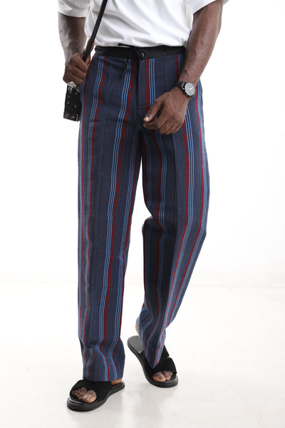 King Kaftan Striped Hand-Woven Cotton Aso-Oke Wide-Leg Pants – Front View – African men's fashion Nigeria