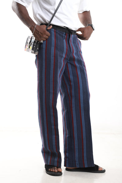 King Kaftan Striped Hand-Woven Cotton Aso-Oke Wide-Leg Pants – Detail View – African men's fashion Nigeria