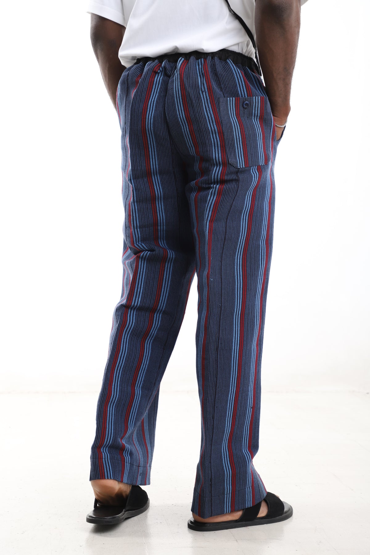 King Kaftan Striped Hand-Woven Cotton Aso-Oke Wide-Leg Pants – Back View – African men's fashion Nigeria