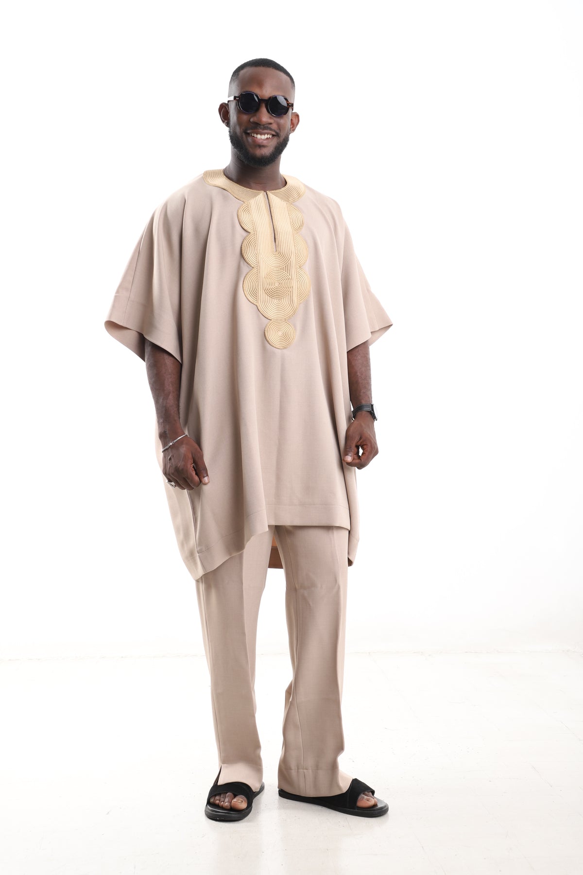 King Kaftan Concentric Embroidered Wool Blend Beige Danshiki Style – Front View – African men's fashion Nigeria