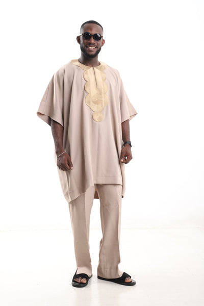 King Kaftan Concentric Embroidered Wool Blend Beige Danshiki Style – Front View – African men's fashion Nigeria