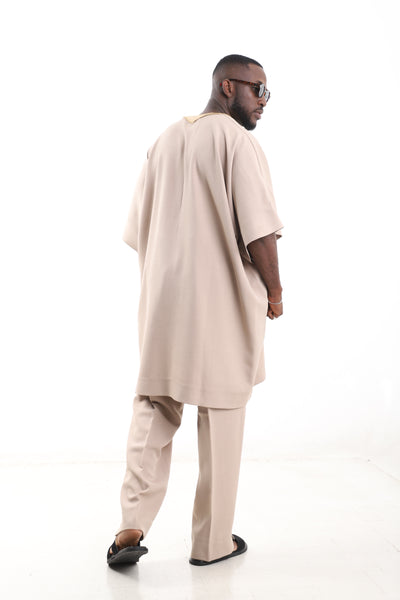 King Kaftan Concentric Embroidered Wool Blend Beige Danshiki Style – Back View – African men's fashion Nigeria