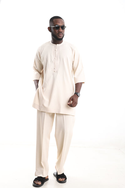 King Kaftan Pintuck-Placket Polished Cotton Cream Senator Wear – Front View – African men's fashion Nigeria