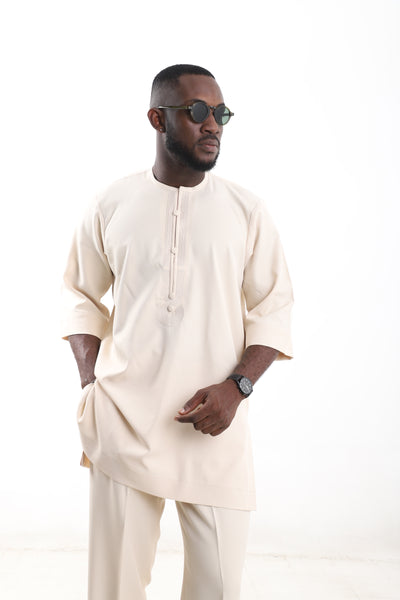 King Kaftan Pintuck-Placket Polished Cotton Cream Senator Wear – Detail View – African men's fashion Nigeria