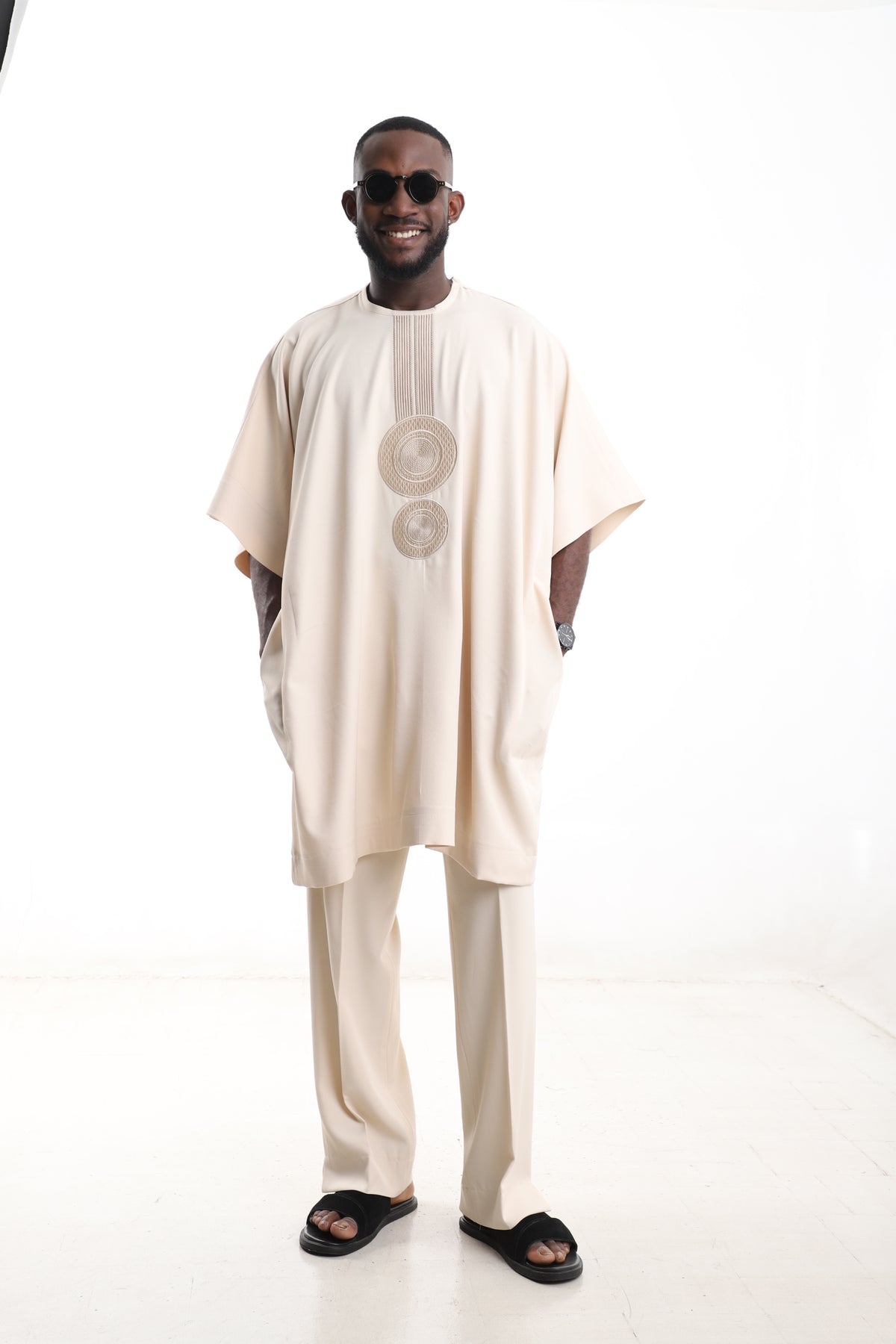 King Kaftan Circular Medallion Embroidered Wool Blend Cream Danshiki Style – Front View – African men's fashion Nigeria