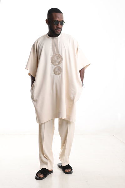 King Kaftan Circular Medallion Embroidered Wool Blend Cream Danshiki Style – Front View – African men's fashion Nigeria