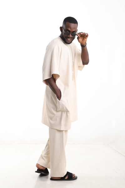 King Kaftan Circular Medallion Embroidered Wool Blend Cream Danshiki Style – Side View – African men's fashion Nigeria