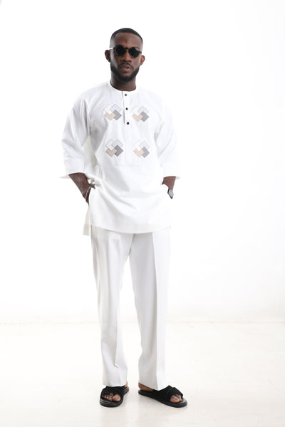 King Kaftan Geometric Embroidered Polished Cotton White Senator Wear – Front View – African men's fashion Nigeria