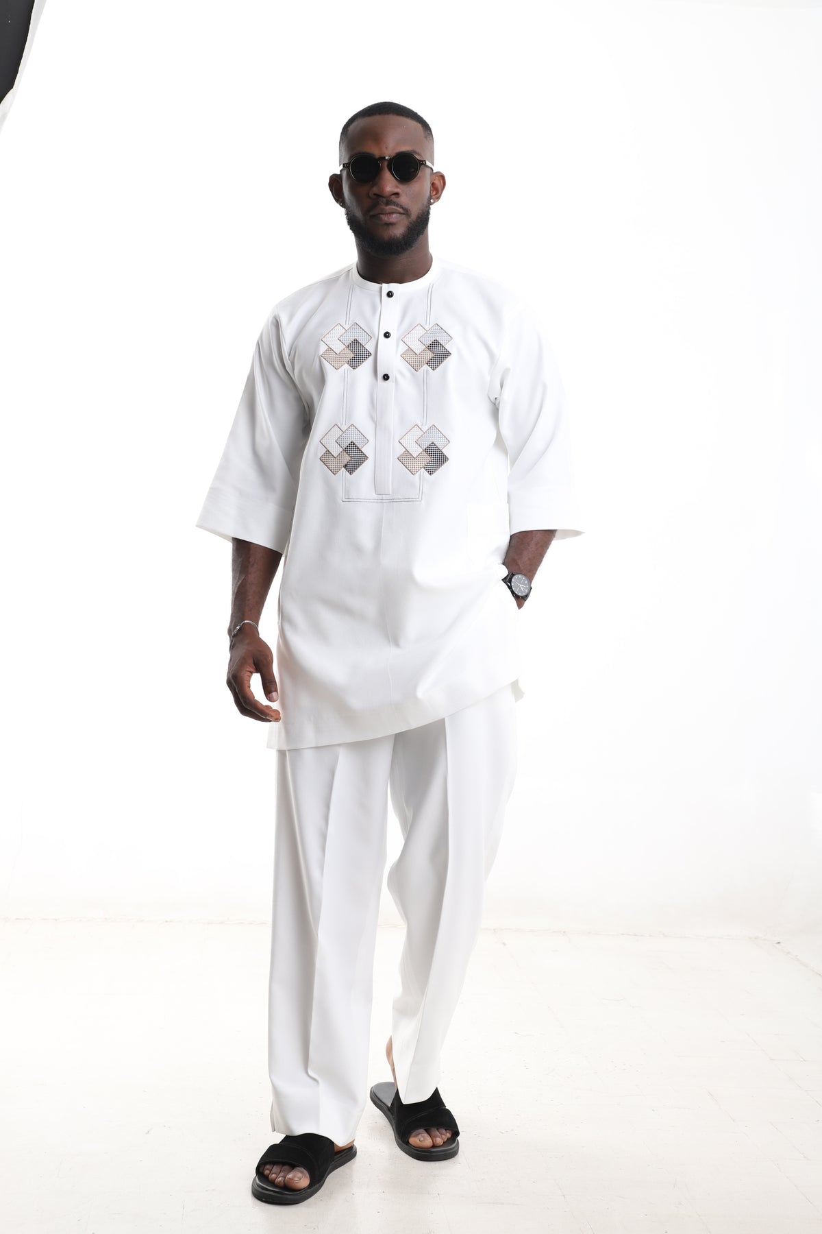 King Kaftan Geometric Embroidered Polished Cotton White Senator Wear – Front View – African men's fashion Nigeria