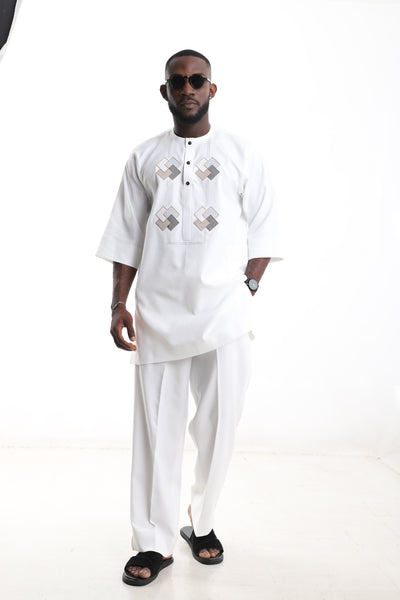 King Kaftan Geometric Embroidered Polished Cotton White Senator Wear – Front View – African men's fashion Nigeria