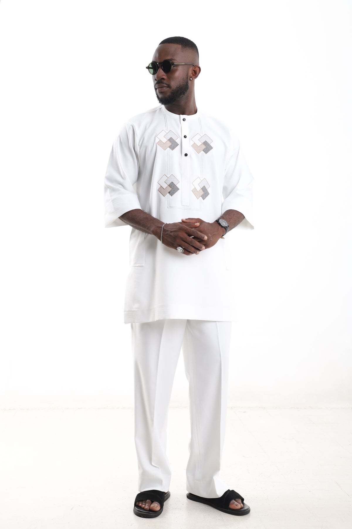 King Kaftan Geometric Embroidered Polished Cotton White Senator Wear – Front View – African men's fashion Nigeria