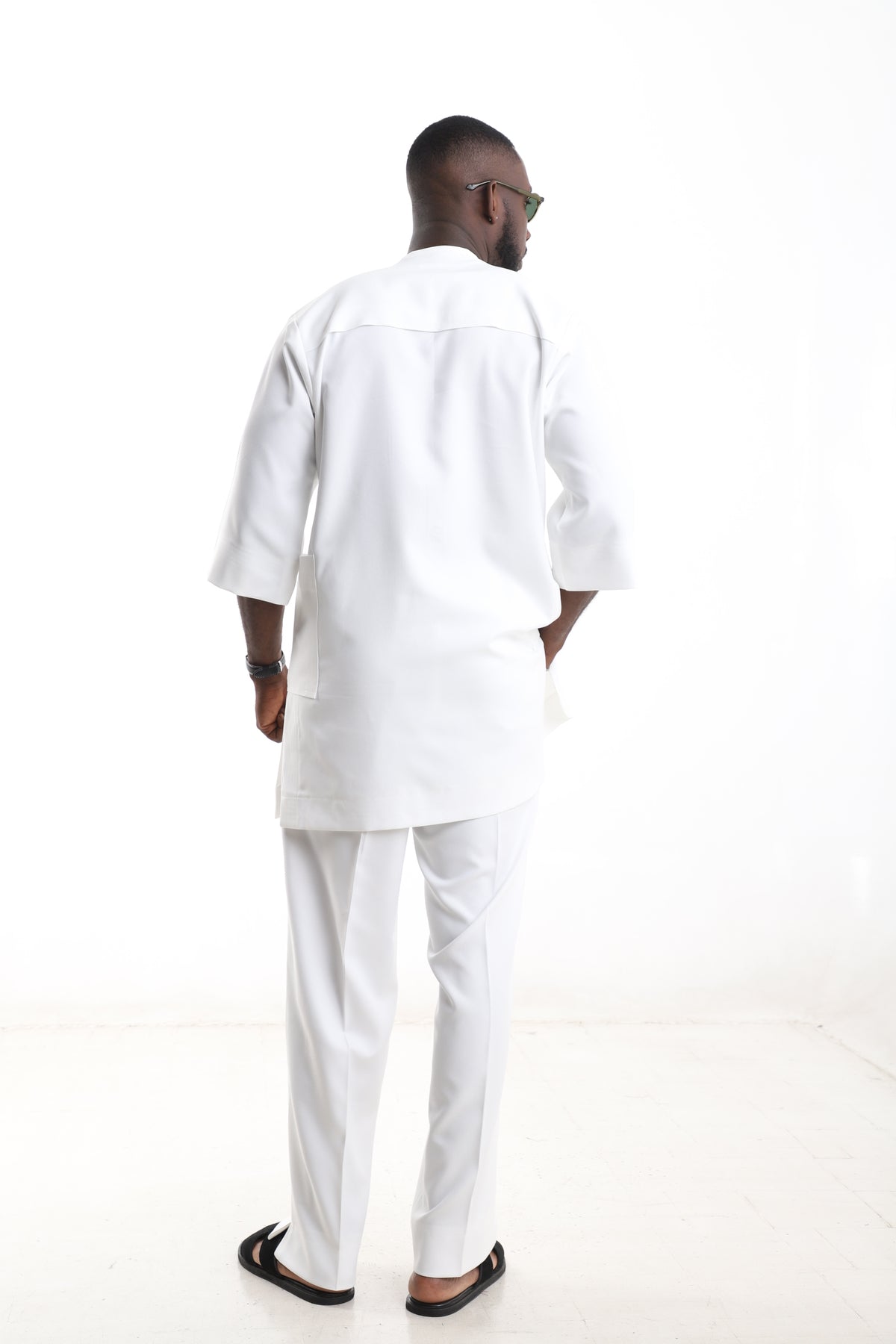 King Kaftan Geometric Embroidered Polished Cotton White Senator Wear – Back View – African men's fashion Nigeria