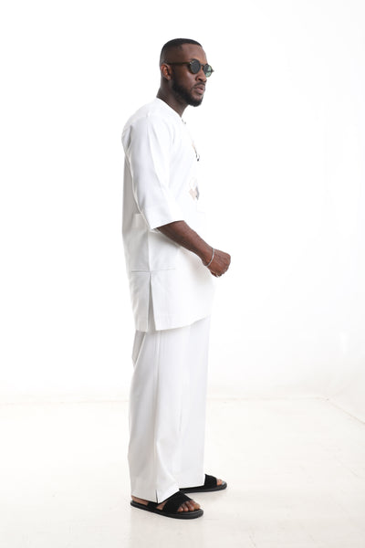 King Kaftan Damask Embroidered Polished Cotton White Senator Wear – Side View – African men's fashion Nigeria