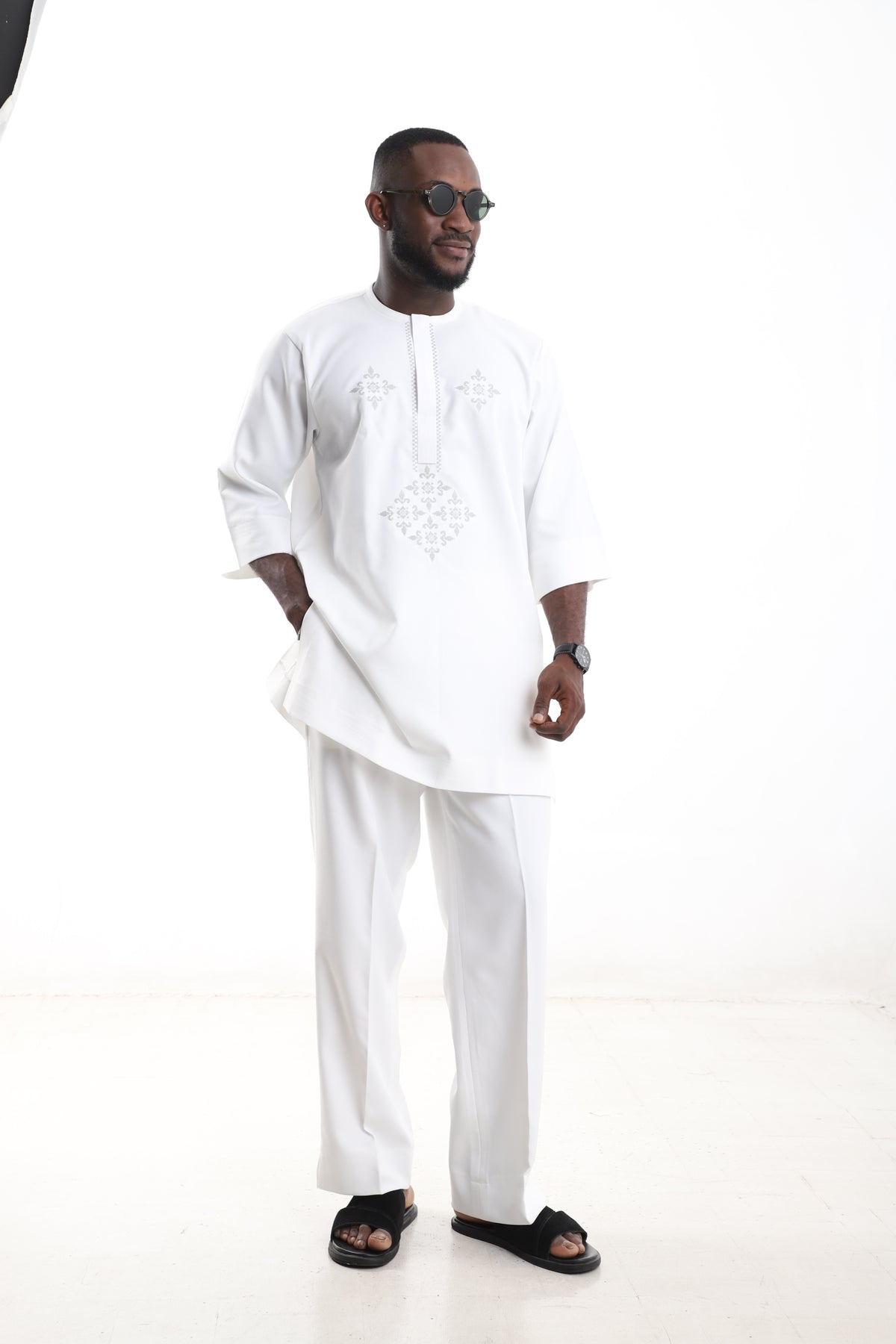 King Kaftan Damask Embroidered Polished Cotton White Senator Wear – Detail View – African men's fashion Nigeria