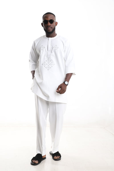 King Kaftan Damask Embroidered Polished Cotton White Senator Wear – Front View – African men's fashion Nigeria