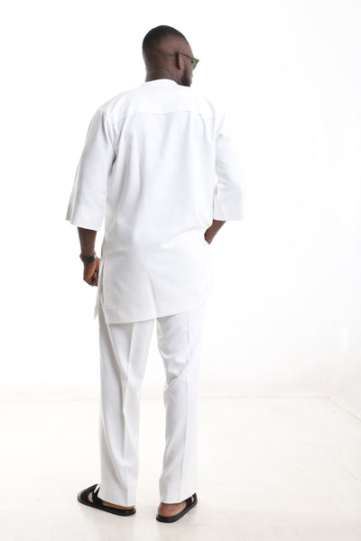 King Kaftan Damask Embroidered Polished Cotton White Senator Wear – Back View – African men's fashion Nigeria