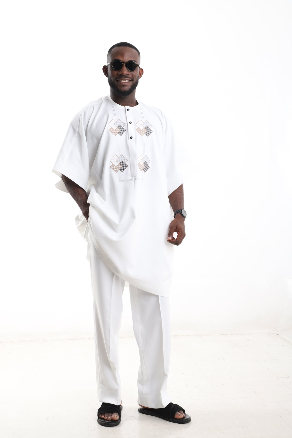King Kaftan Geometric Embroidered Polished Cotton White Danshiki Style – Front View – African men's fashion Nigeria