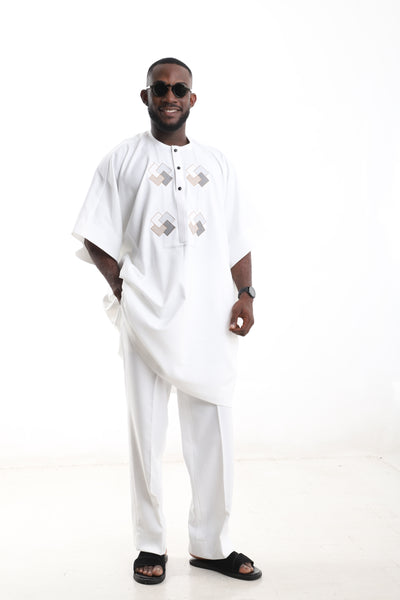 King Kaftan Geometric Embroidered Polished Cotton White Danshiki Style – Front View – African men's fashion Nigeria