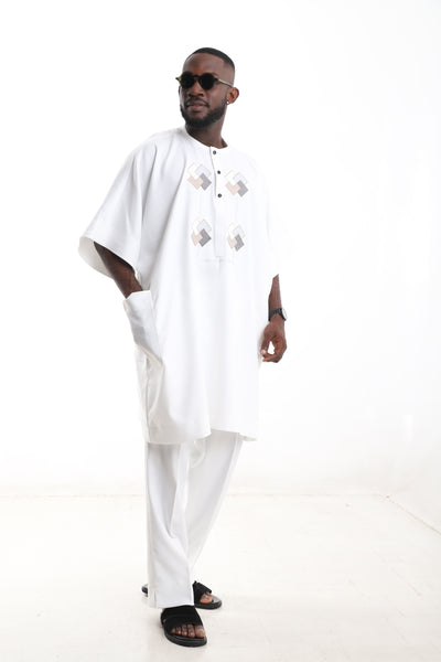 King Kaftan Geometric Embroidered Polished Cotton White Danshiki Style – Side View – African men's fashion Nigeria