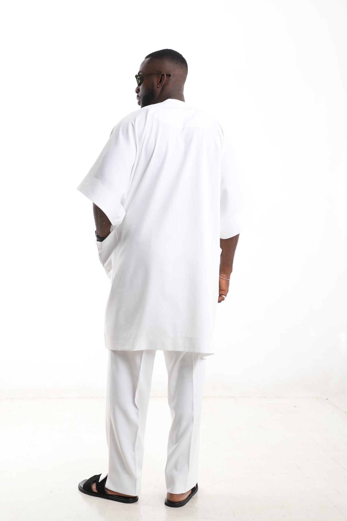 King Kaftan Geometric Embroidered Polished Cotton White Danshiki Style – Back View – African men's fashion Nigeria