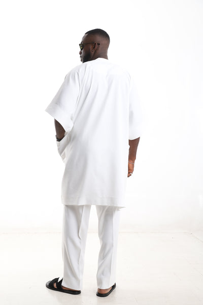 King Kaftan Circular Medallion Embroidered Wool Blend White Danshiki Style – Back View – African men's fashion Nigeria