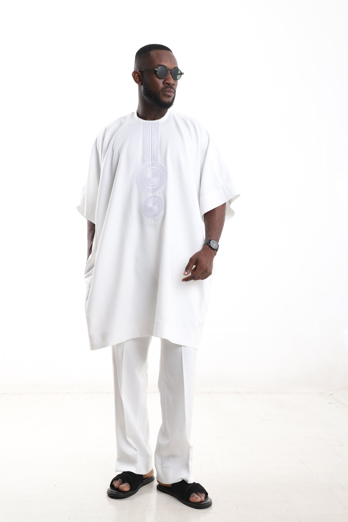 King Kaftan Circular Medallion Embroidered Wool Blend White Danshiki Style – Side View – African men's fashion Nigeria