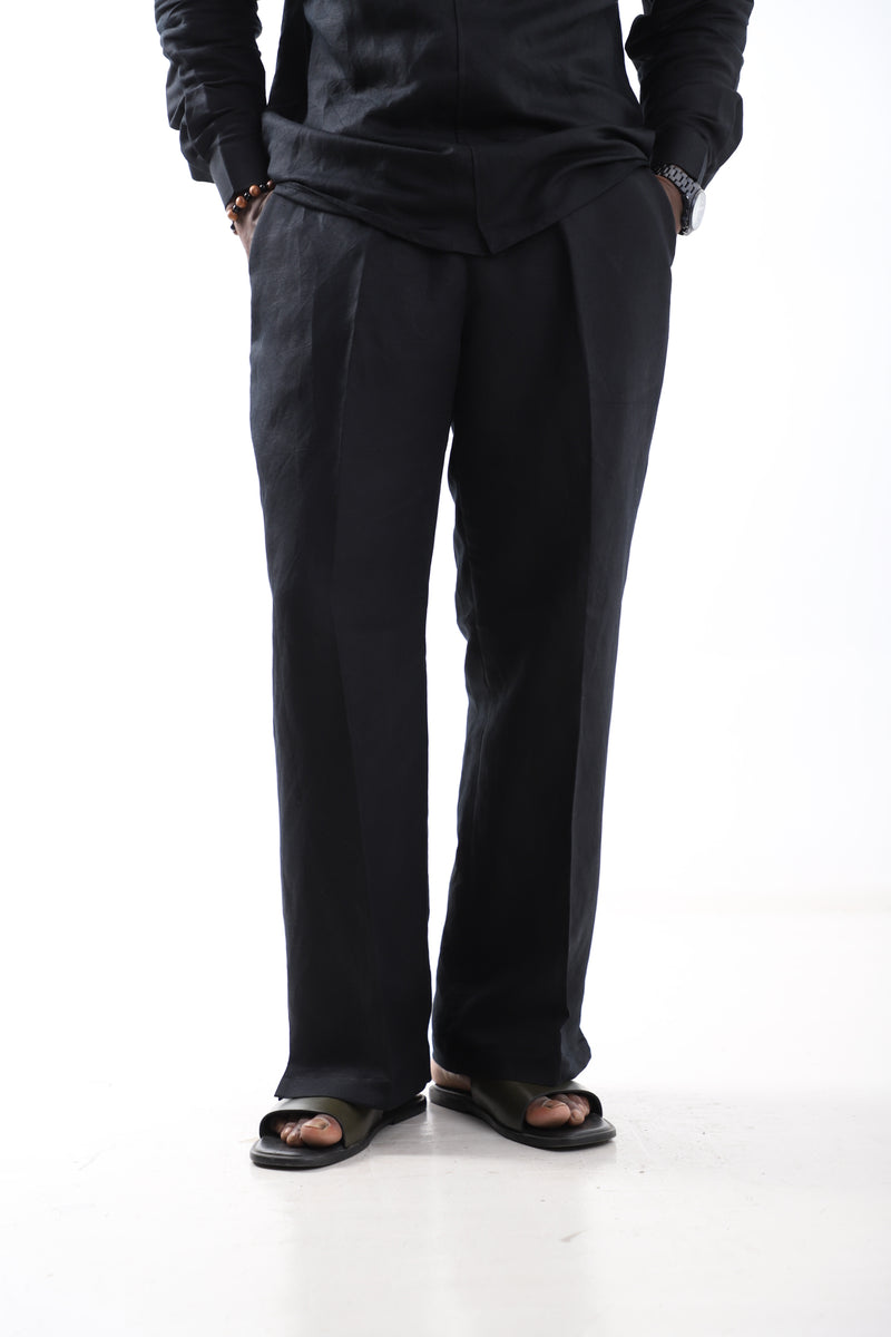 Black Linen Wide-Leg Trousers