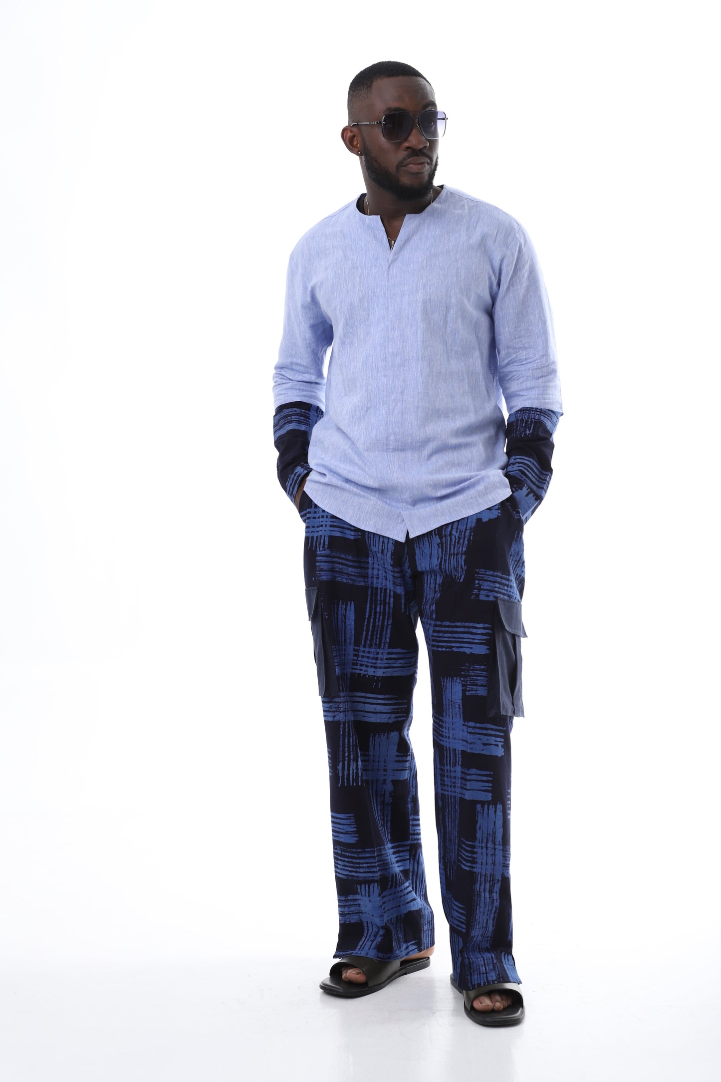 Skyblue Linen Tunic and Adire Cargo Pants